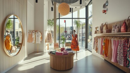 Wall Mural - The clothing store features a variety of colorful dresses displayed on racks, while a round table holds neatly folded items, all illuminated by natural light from expansive windows