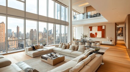 Wall Mural - A spacious living room features elegant furniture and large windows offering stunning city views, illuminated by natural light streaming in during the day