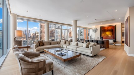 Wall Mural - Natural light floods this open-concept living area, showcasing stylish furniture and stunning views of the city skyline through large windows