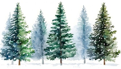 Evergreen forest watercolor pattern with snow on white, capturing winters beauty for seasonal decor and holiday designs