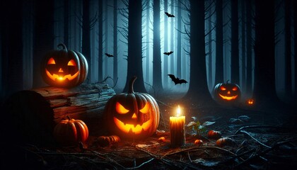 Halloween pumpkins in the forest at night.Halloween background with Evil Pumpkin. Spooky scary dark Night forrest. Holiday event halloween banner background concept