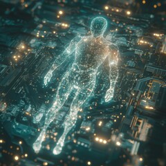 Wall Mural - A digital human figure made of glowing lines on a circuit board.