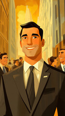 A man in a suit is smiling and standing in a crowded city street. The image is a cartoonish rendering of a man in a suit, with a tie and a smile on his face. The man is surrounded by other people