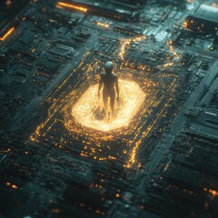 Sticker - A digital human figure stands in a glowing orb, surrounded by a circuit board.