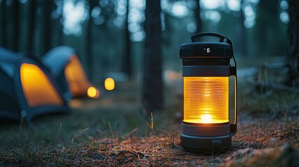 a photostock image of a versatile camping lantern with augmented reality, showing brightness settings, battery life, and portability features in a forest environment, style of iDea24club