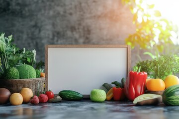 Poster - A wooden crate filled with vegetables and a white piece of paper