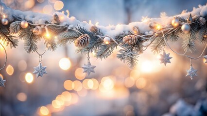 Christmas tree branch decorated with burning garland, toys and cones.Isolated Christmas decoration on winter background with bokeh effect