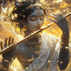 Canvas Print - A digital painting of a Hindu deity playing a flute, surrounded by golden light.