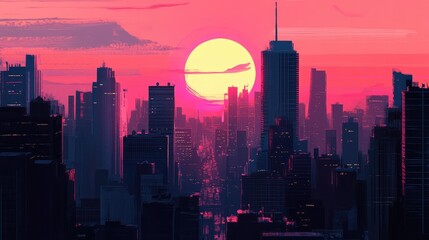 Wall Mural - A dreamy New York sunset in 80s retro art style, deep shadows from towering buildings contrast against the vibrant colors of the fading sun