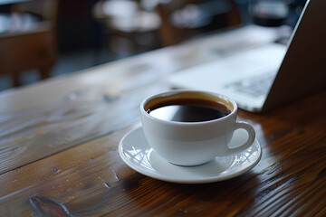 A white coffee cup sits on a wooden table with a laptop nearby