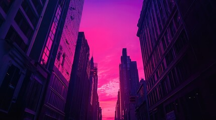 Wall Mural - An 80s-inspired sundown between New York buildings, casting deep shadows while the sky glows in pink and dark purple, capturing the urban retro aesthetic