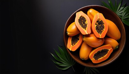 Poster - papaya in a bowl on a black background, top view, copy space