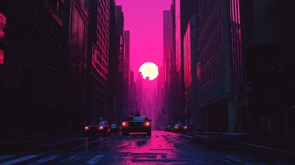 Wall Mural - Dark New York streets with a glowing 80s-style sunset peeking between skyscrapers, evoking a sense of nostalgia with bold retro colors and deep shadows