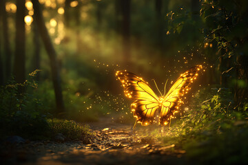 Wall Mural - A glowing butterfly amidst a serene forest path, radiating magic and tranquility.