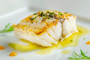 Grilled cod fillet in olive oil with herbs, served on a white plate, gourmet cuisine.