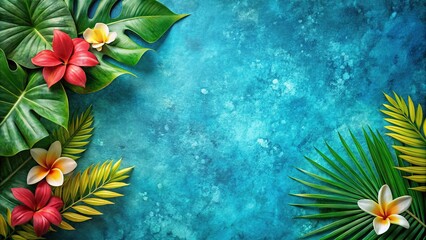 Tropical flowers and leaves on textured blue background Point of View