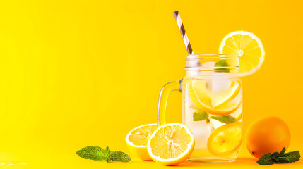 Wall Mural - Lemonade in mason jar with lemon and mint on yellow. Copy space. Summer drink