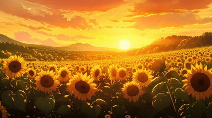 An expansive anime-style sunflower field under a glowing sunrise, with each sunflower reflecting the warm light of an orange-hued sky and peaceful atmosphere