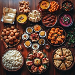 Canvas Print - A feast of Indian food with various dishes including curries, rice, breads, and sweets.