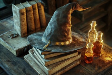 Wall Mural - A black witch's hat sits on top of a stack of books