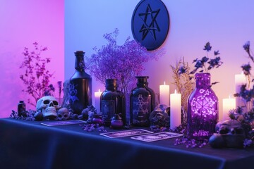 Wall Mural - A table with candles, vases, and a skull