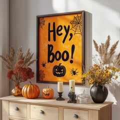 Wall Mural - A festive autumn decor featuring a pumpkin and a cheerful Halloween-themed wall art.