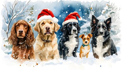 Festive watercolor dogs in Santa hats joyfully celebrating Christmas amidst a snowy backdrop with ample space for festive messages