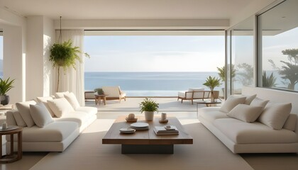 Wall Mural - A modern, minimalist living room with large windows overlooking a scenic ocean view. The room features white sofas, a wooden coffee table, and potted plants.