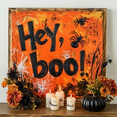 Sticker - A festive Halloween display featuring an orange backdrop with spiders, candles, and decorations.