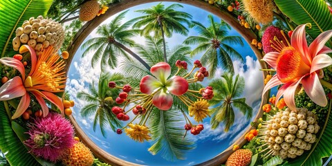 Tropical Renaissance castor palm with blooming seeds in fisheye view