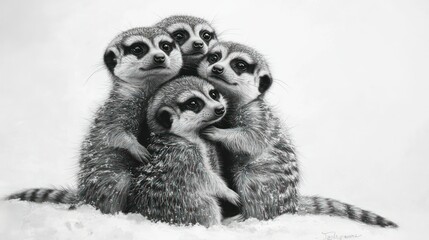 Wall Mural - Four Meerkats Huddled Together in the Snow