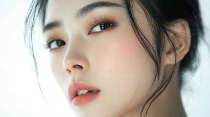 Canvas Print - Close-up portrait of a woman with long dark hair, showing her left eye, nose, and lips