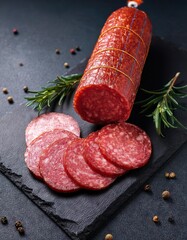  Traditional smoked salami sausage with spices. Pieces of salami sausage on a black cutting board