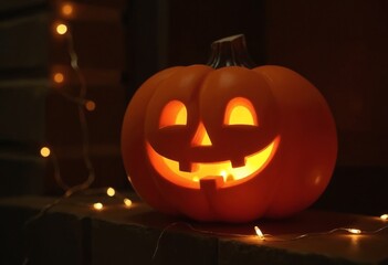 Sticker - A cheerful smiling Jack O Lantern on halloween placed on a fireplace with fairy lights