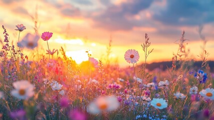 Sticker - A field of wildflowers bathed in the warm glow of a sunset.