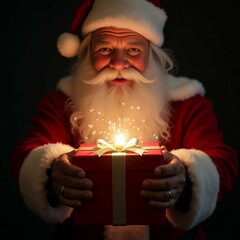 Santa opens a glowing gift, light spilling out, capturing the magic and wonder of Christmas in a moment.