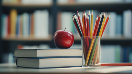 Colorful pencils and thick books on the desk in the office. A red apple lay nearby.