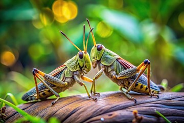 Wall Mural - Two grasshoppers in a tilted angle in a wild forest