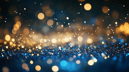 Wall Mural - golden light shine particles bokeh on navy blue background. holiday.