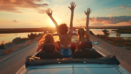 Wall Mural - Sunset Joyride: Friends in a Cabriolet with Raised Hands