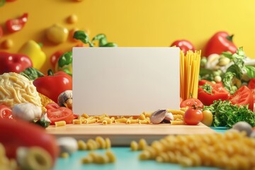 Wall Mural - A white board is placed on a table with a variety of vegetables and pasta