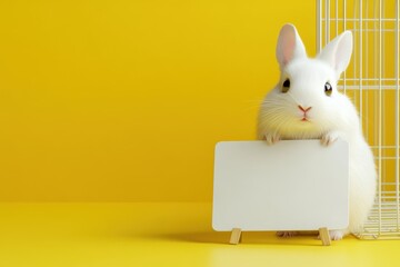 Sticker - A white rabbit holding a blank sign in front of a yellow background