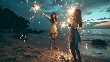 Wall Mural - Summer Night Fun: Young Asian Women Dancing and Playing Sparklers by the Beach