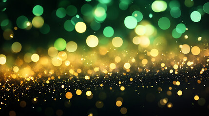 Wall Mural - glittering festive circle: golden yellow and emerald green bokeh background for christmas
