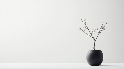 Poster - A Single Branch with Buds in a Black Pot on a White Surface