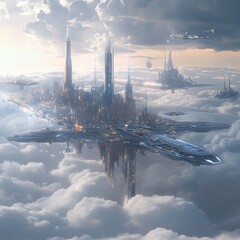 Sticker - A futuristic city floats among the clouds with a spaceship docked to it.