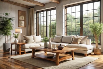 Rustic coffee table near white fabric sofa against window Japandi style home interior design of modern living room