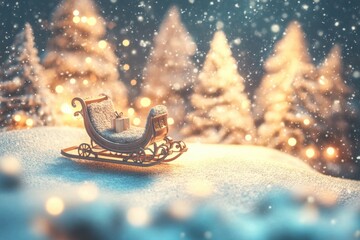 A red sled is sitting in the snow in a forest