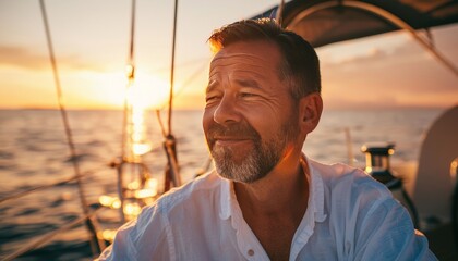 Wall Mural - Sunset Serenity: Captivating Portrait of a Dashing Mature Man on a Yacht