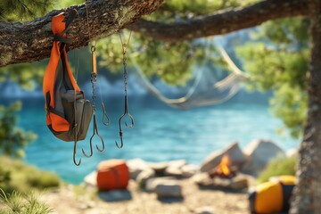 Wall Mural - A backpack hangs from a tree branch with fishing hooks attached to it